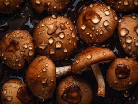 Fresh mushrooms with water drops Close up Full frame background top viewの素材