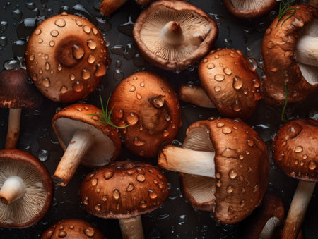 Fresh mushrooms with water drops Close up Full frame background top viewの素材