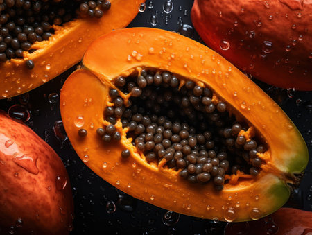 Fresh papaya with water drops Close up Full frame background top viewの素材