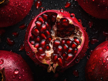 Fresh pomegranate with water drops Close up Full frame background top viewの素材