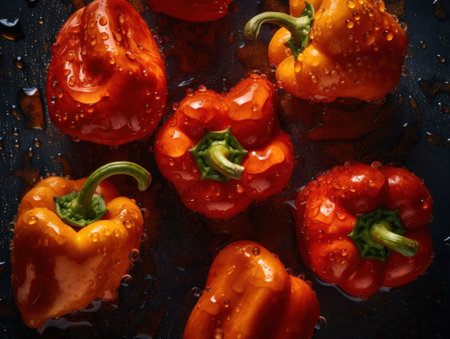 Fresh peppers with water drops Close up Full frame background top viewの素材