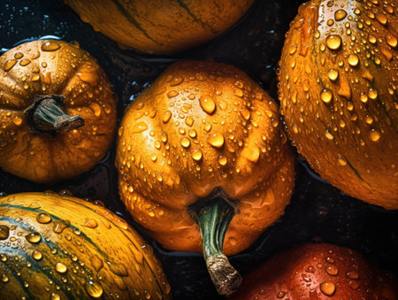 Fresh squash with water drops Close up Full frame background top viewの素材