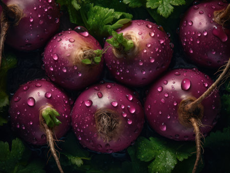 Fresh turnip with water drops Close up Full frame background top viewの素材