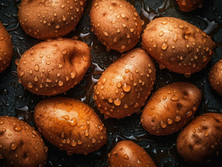 Fresh yam with water drops Close up Full frame background top viewの素材