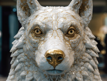 Portrait of a white Marble wolf statue close upの素材