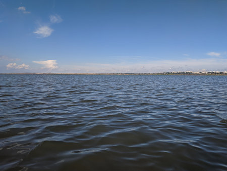 The surface of the water in the blue sky and white clouds.