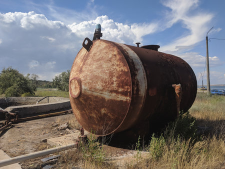 Old rusty tank on the background of a blue sky with white cloudsの写真素材