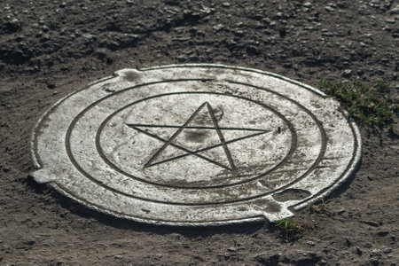 A manhole on the ground with the symbol of the Star of David
