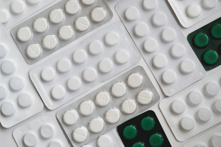 Tablets in blister packs on white background. Focus on foreground.の写真素材