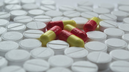 Close-up of pills on white background. Focus on foreground.