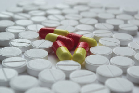 Close-up of red and yellow pills on a white background.の写真素材