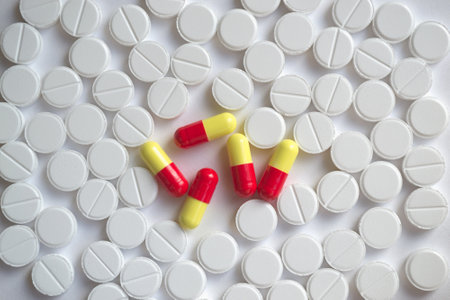 Medicine pills on white background. Top view. Flat lay.の写真素材