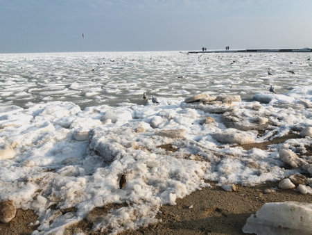 frozen sea in winter, natural landscape background, closeup of photo