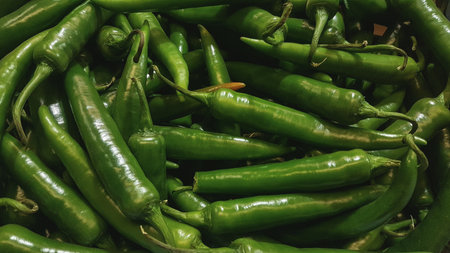 Green chilli peppers in a market in Barcelona, Catalonia, Spain