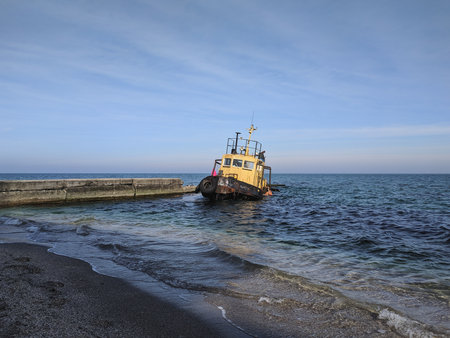 Fishing boat on the coast of the Black Sea in Odessa, Ukraineの写真素材