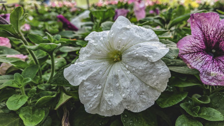 White petunia with dew drops on green leaves background, stock photo