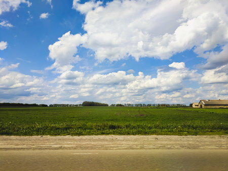 View on the road through green fields and blue sky with white clouds.の写真素材