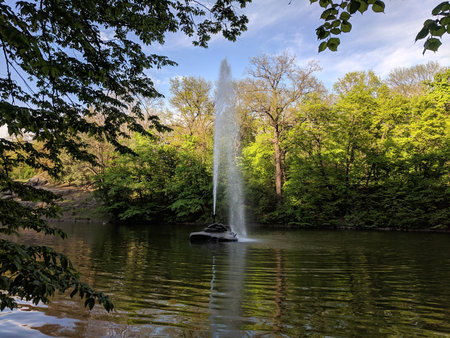 Fountain on the lake in the park. Spring in the park.