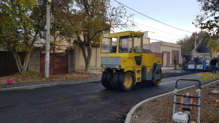 Road roller on the road in the city of Belgrade, Serbia