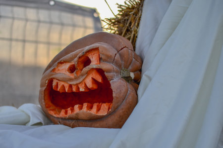 Halloween pumpkin decoration in the form of a carved Jack O Lanternの写真素材