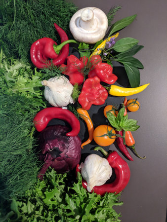 Fresh vegetables and herbs on a table in a restaurant. Healthy food