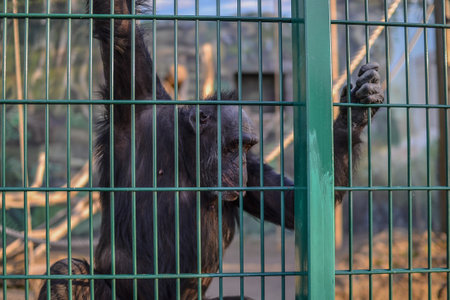 Chimpanzee in a cage. Animal in captivity. Monkeyの写真素材