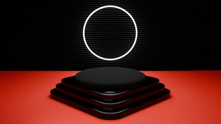 3d render of black podium with white circle on red background.の写真素材