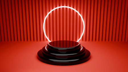 3d rendering of a podium on a red background with a neon lampの写真素材