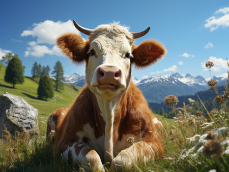 Cow on a meadow in the Swiss alps, Switzerland.の素材