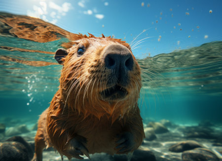 Cute beaver swimming underwater in the ocean. 3d renderingの素材