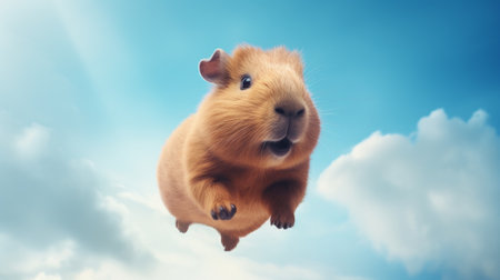 Cute funny hamster flying in the blue sky. 3d renderingの素材