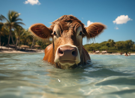 Cute cow in the ocean with palm trees on the background.の素材