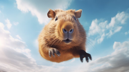 Capybara flying in the blue sky. 3D rendering.の素材