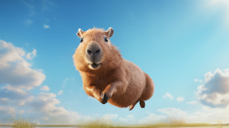 Cute brown capybara jumping in the blue sky. 3d renderingの素材