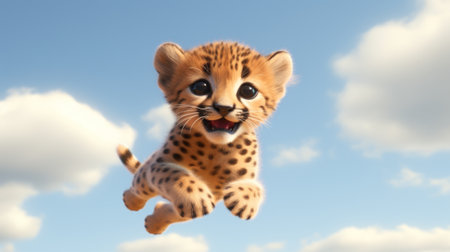 Cheetah jumping in the blue sky. 3D illustration.の素材