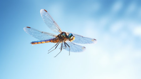Dragonfly on the blue sky background. 3d render illustration.の素材