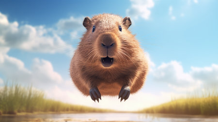 Capybara jumping in the air. 3d rendering illustration.の素材