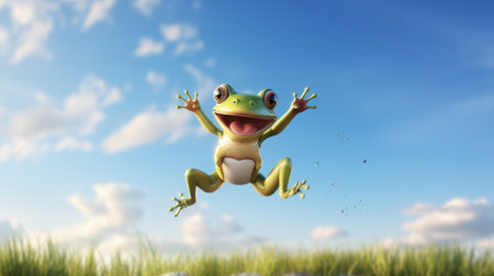 Frog jumping on the grass with blue sky background. 3d renderingの素材