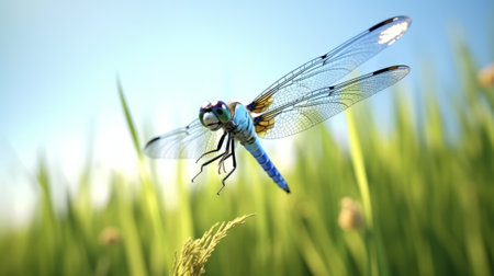 Blue dragonfly on the green grass in the meadow. 3d renderingの素材