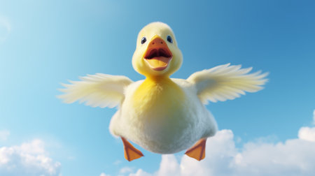 Cute yellow duckling flying in the blue sky. 3d renderingの素材