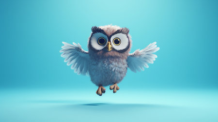 Cute cartoon owl on a blue background. 3d rendering.の素材