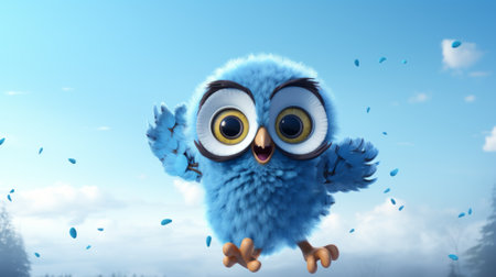 Cute blue owl with blue eyes flying in the blue sky.の素材