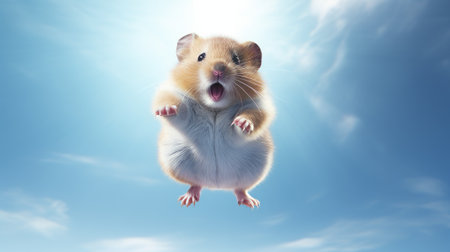 Hamster jumping on blue sky background. 3D rendering. Empty space for text.の素材
