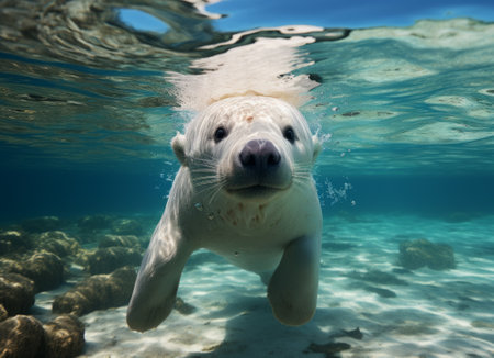Cute white seal swimming underwater in the ocean. Underwater photo.の素材