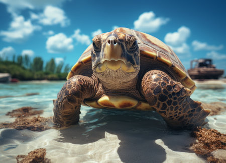 Turtle on the beach with blue sky and white clouds background.の素材