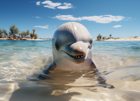 Dolphin swimming in the sea on a sunny day. Concept of friendly animal.の素材