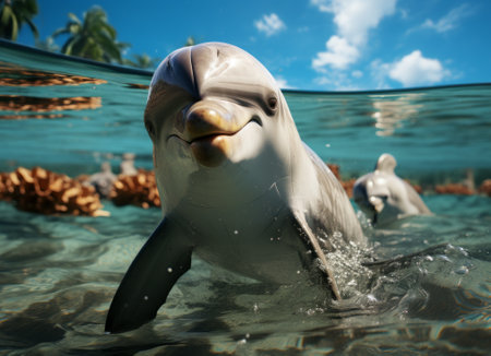 Dolphin swimming in the ocean, close-up view, underwaterの素材