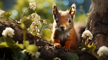 Eurasian red squirrel sitting on a tree branch with white flowersの素材