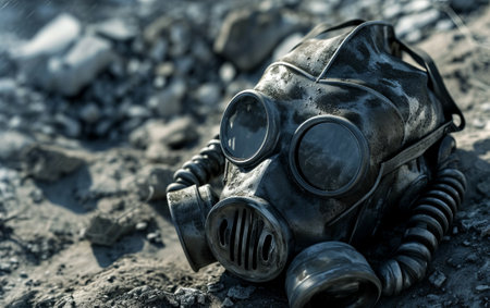 old gas mask on the ground in the mud, environmental pollution conceptの素材