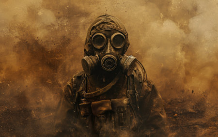 Soldier in a gas mask in the smoke. War concept.の素材